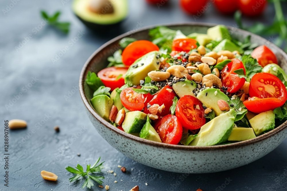 Fresh avocado tomato salad with nuts and greens in rustic bowl Fresh avocado tomato salad with nuts and greens in rustic bowl