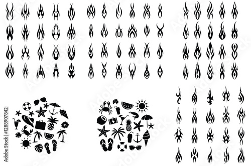 Black and White Tattoo Flash Sheet: Flames, Summer Beach Icons, Tribal Art Designs for Body Art, Stencil Templates, Vector Graphics Collection