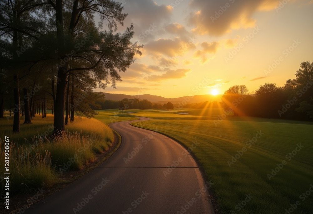 Pathway winding through golf course at sunrise with sun casting long shadows and warm light Pathway winding through golf course at sunrise with sun casting long shadows and warm light