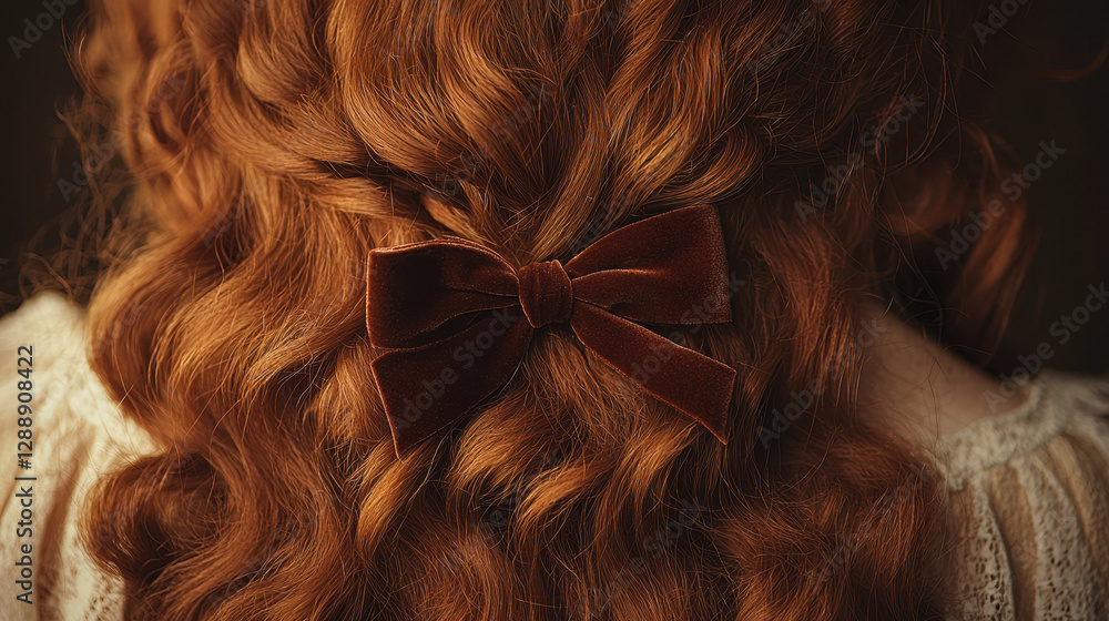 Naklejka premium Renaissance princess with auburn curls and velvet bow captured in a timeless moment