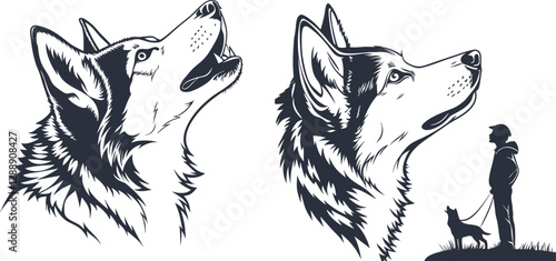Husky dog and human silhouette, ideal for animal companionship and outdoor adventure illustrations
