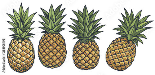 Set of golden, yellow delicious pineapples with green leaves for tropical summer design