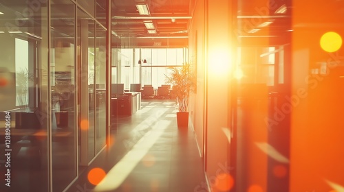 Beautiful blurred background of a modern office interior in gray tones with panoramic windows, glass partitions and orange color accents.