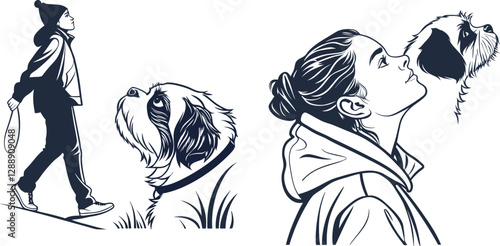 Dog and human interaction silhouette, ideal for pet care, companionship