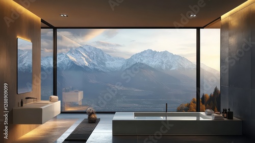 A sleek, modern bathroom with an expansive window that frames stunning views of the mountains, offering a serene and luxurious escape.