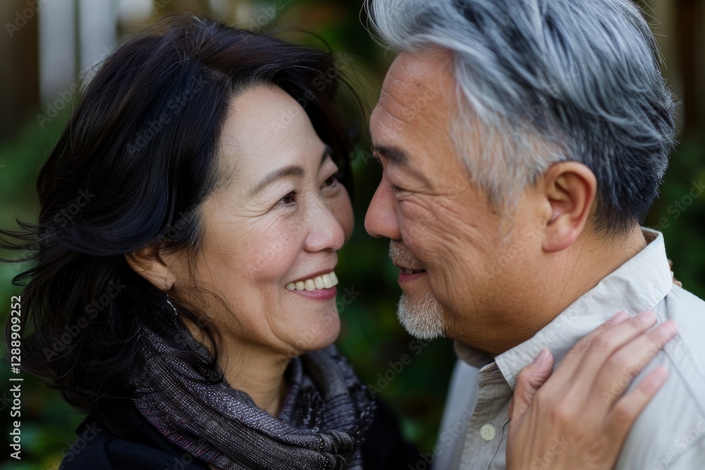 Portrait of a happy asian couple in their 50s looking into each other's eyes Portrait of a happy asian couple in their 50s looking into each other's eyes