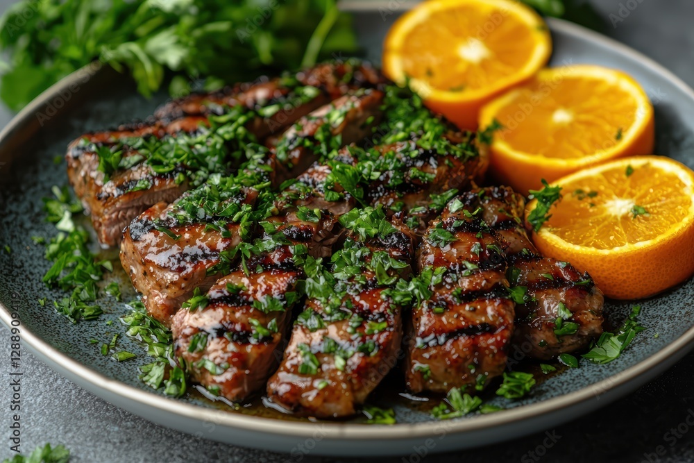 Perfectly pan-seared tender sous vide duck breast with citrus garnish gourmet dining home kitchen close-up culinary art Perfectly pan-seared tender sous vide duck breast with citrus garnish gourmet dining home kitchen close-up culinary art