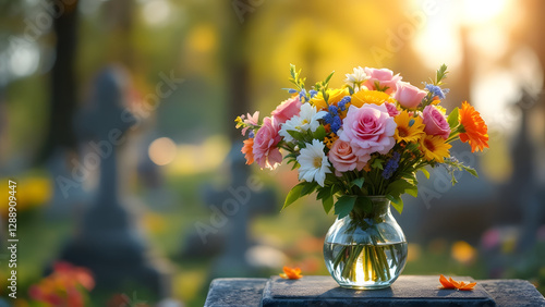 Fototapeta Naklejka Na Ścianę i Meble -  Parents' Saturday at graves, Colorful flowers in a vase on a grave at sunset