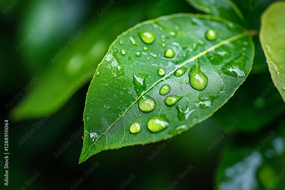 Close-up of fresh green leaf with water droplets in lush garden environment Close-up of fresh green leaf with water droplets in lush garden environment