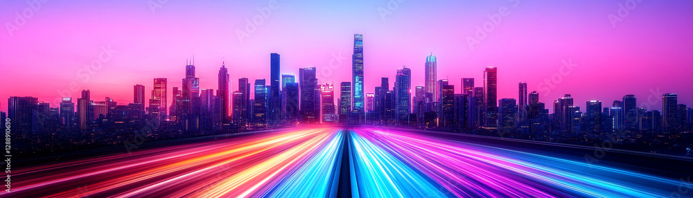 Fototapeta premium A vibrant skyline view at dusk with bright colors illuminating the cityscape.