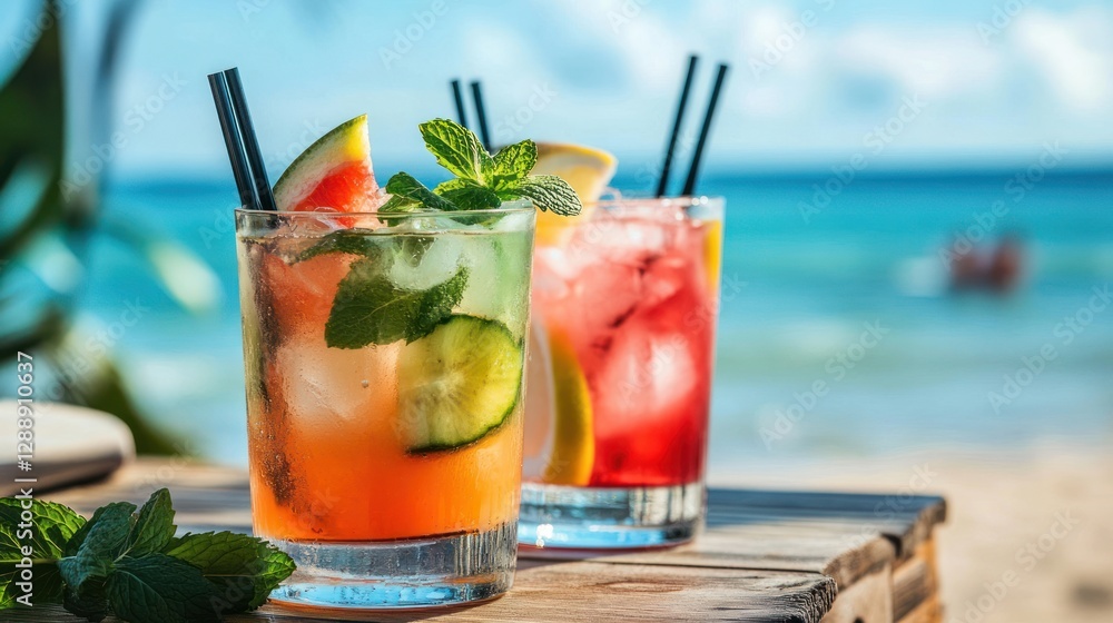 a cocktail at the beach with the ocean in the background, a cocktail at the beach with the ocean in the background,