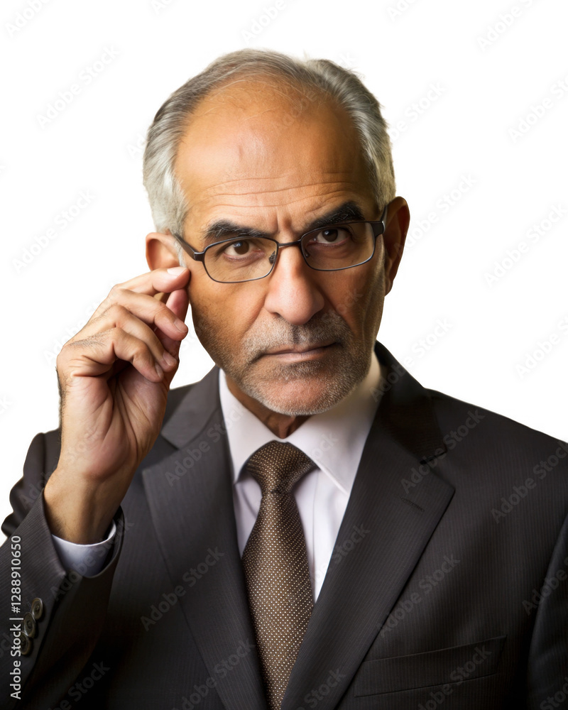 Portrait of Senior Middle Eastern Businessman with a Mustache, Holding Glasses isolated on a transparent background. Portrait of Senior Middle Eastern Businessman with a Mustache, Holding Glasses isolated on a transparent background.