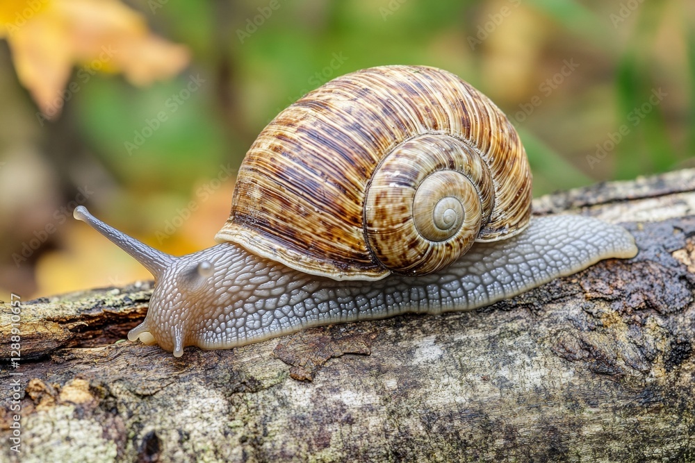 Close-up of brown snail with spiral shell on log in natural setting Close-up of brown snail with spiral shell on log in natural setting