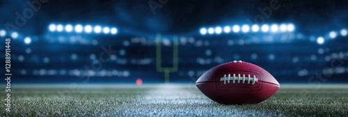 A football sitting in the end zone, with the goalpost towering in the background under bright stadium lights