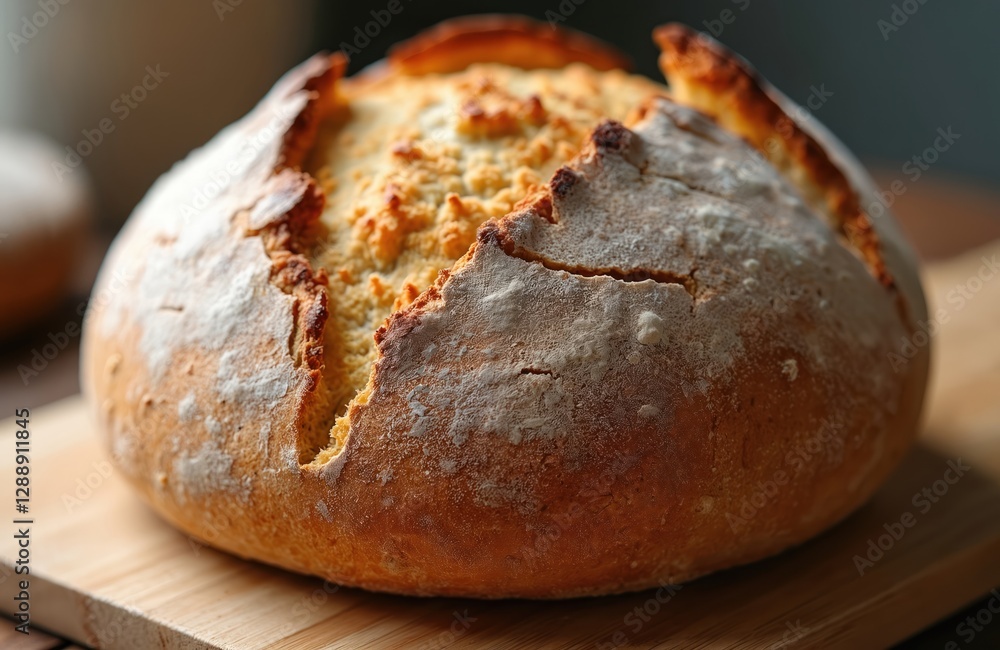 Crusty boule of artisanal bread with scoring pattern. Golden, brown loaf on wooden board. Fresh baked french bread with flour, wheat, homemade sourdough on bakery photo. Crusty boule of artisanal bread with scoring pattern. Golden, brown loaf on wooden board. Fresh baked french bread with flour, wheat, homemade sourdough on bakery photo.