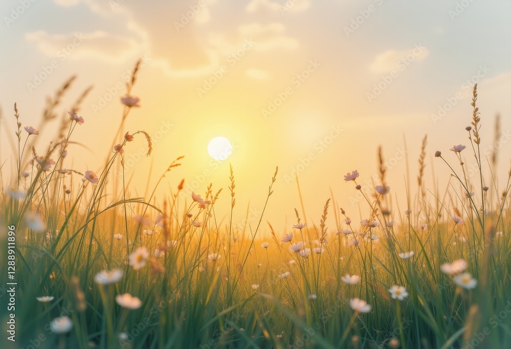 Obraz premium Field of Daisies with Wheat and Sunset in the Background