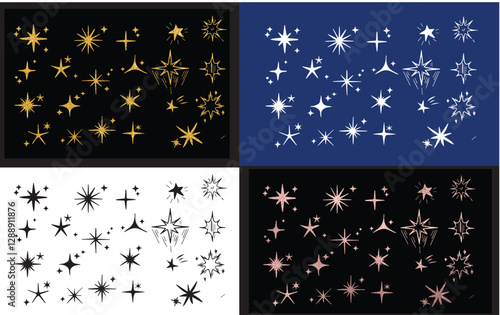 black and gold Doodle line sparkle, burst lines, and sparkle star icon vector illustration. Perfect for design, decoration, and creative projects with various shapest