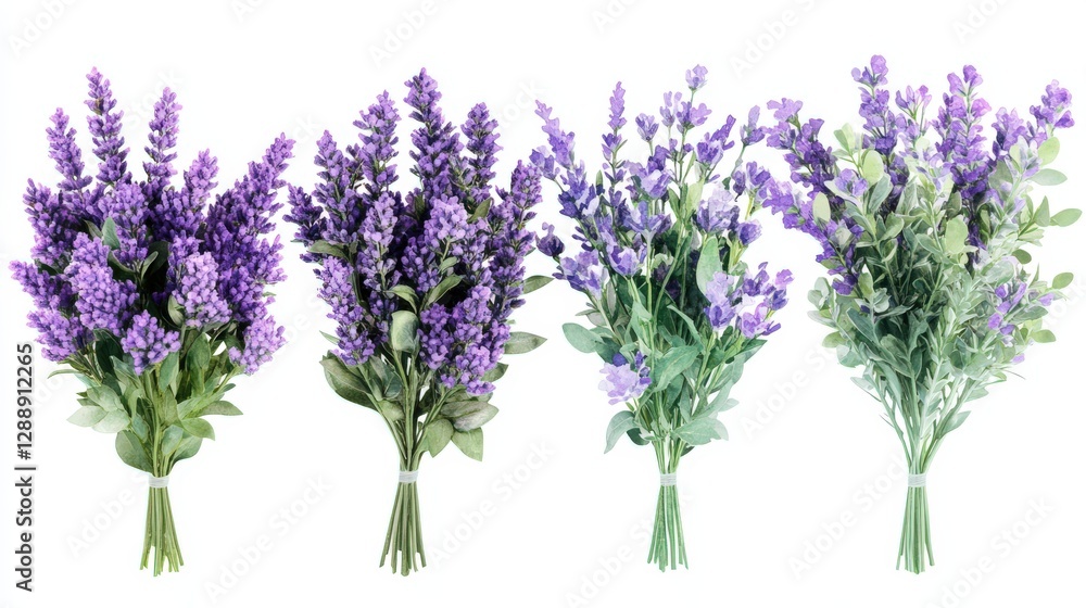 Fototapeta premium Four Beautiful Lavender Bouquets Isolated on White Background Perfect for Spring or Summer Designs