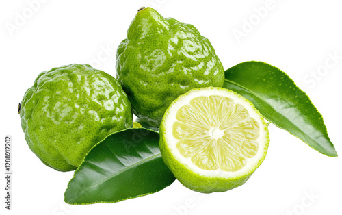 Fresh Bergamot fruit with leaf  on transparent or white background,png