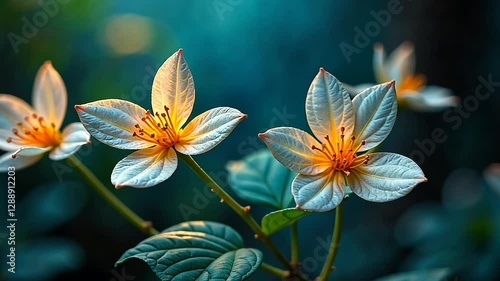 Illuminated Blooms: A Close-Up of Exquisite White Flowers with Orange Centers, Bathed in Soft Light Against a Deep Teal Background
