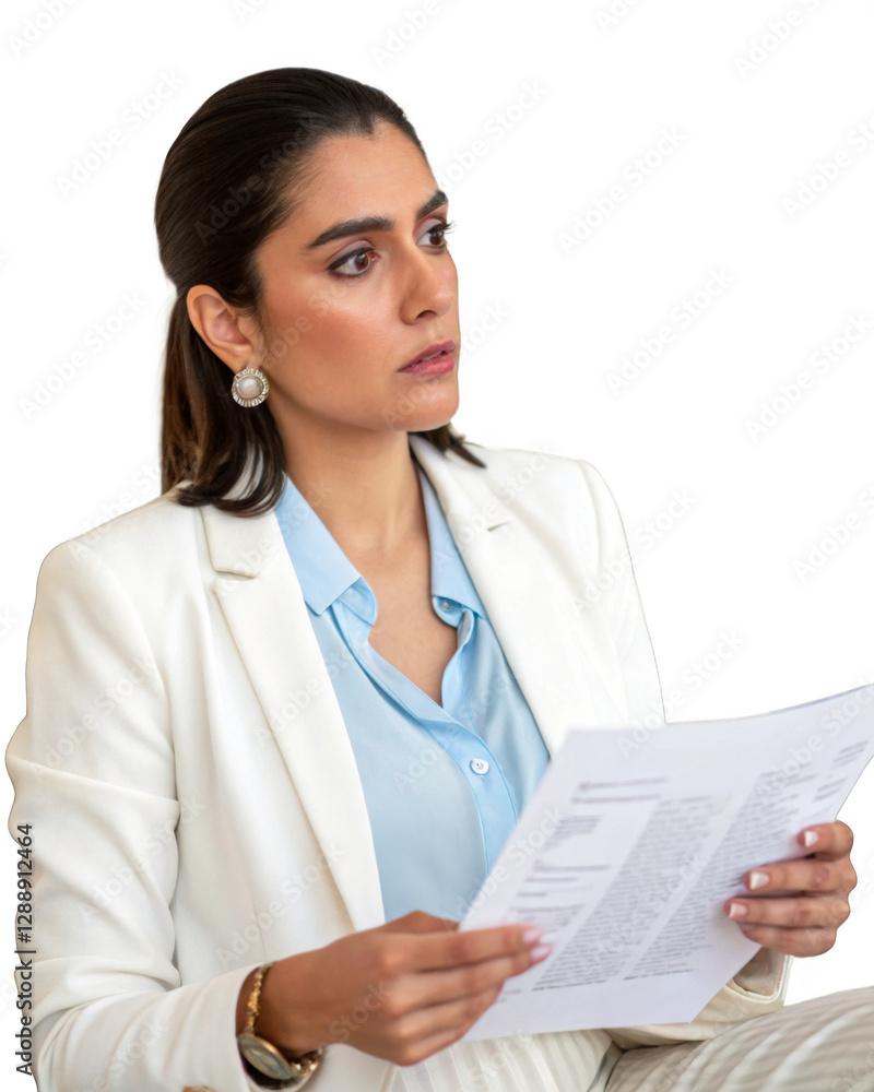 Portrait of Serious Young Female Entrepreneur Reviewing a Report isolated on a transparent background. Portrait of Serious Young Female Entrepreneur Reviewing a Report isolated on a transparent background.