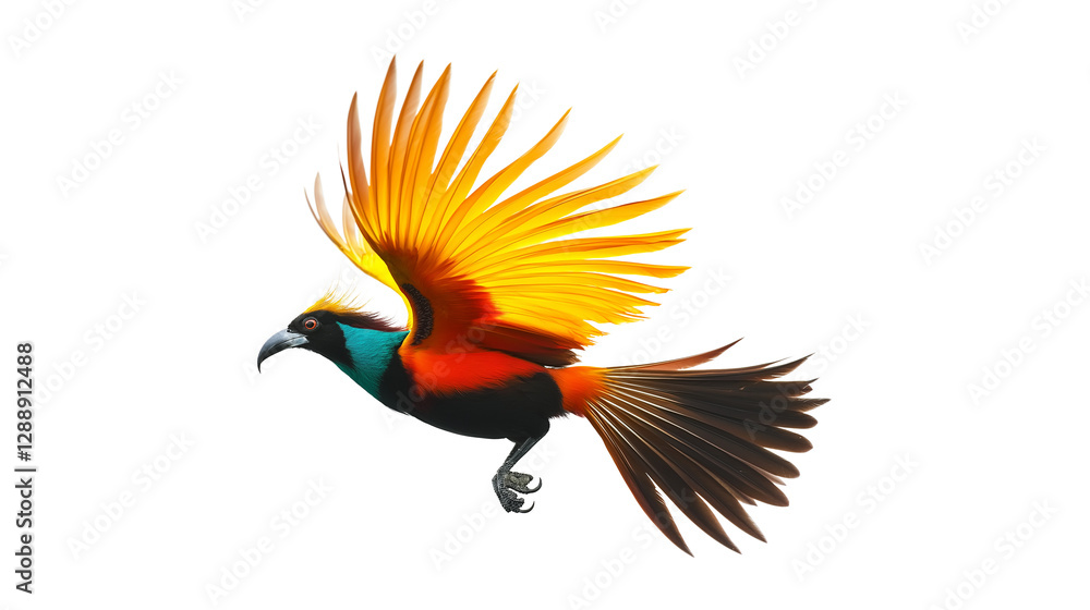 Fototapeta premium Majestic Bird of Paradise in Flight, Striking Colors and Grace isolated on a white background