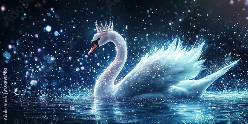 Fairy-tale inspired swan, with a crown and magical sparkles.