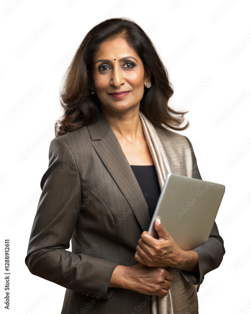 Portrait of South Asian Businesswoman in a Saree with a Laptop isolated on a transparent background. Portrait of South Asian Businesswoman in a Saree with a Laptop isolated on a transparent background.