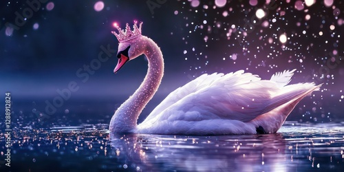 Fototapeta Naklejka Na Ścianę i Meble -  Fairy-tale inspired swan, with a crown and magical sparkles.