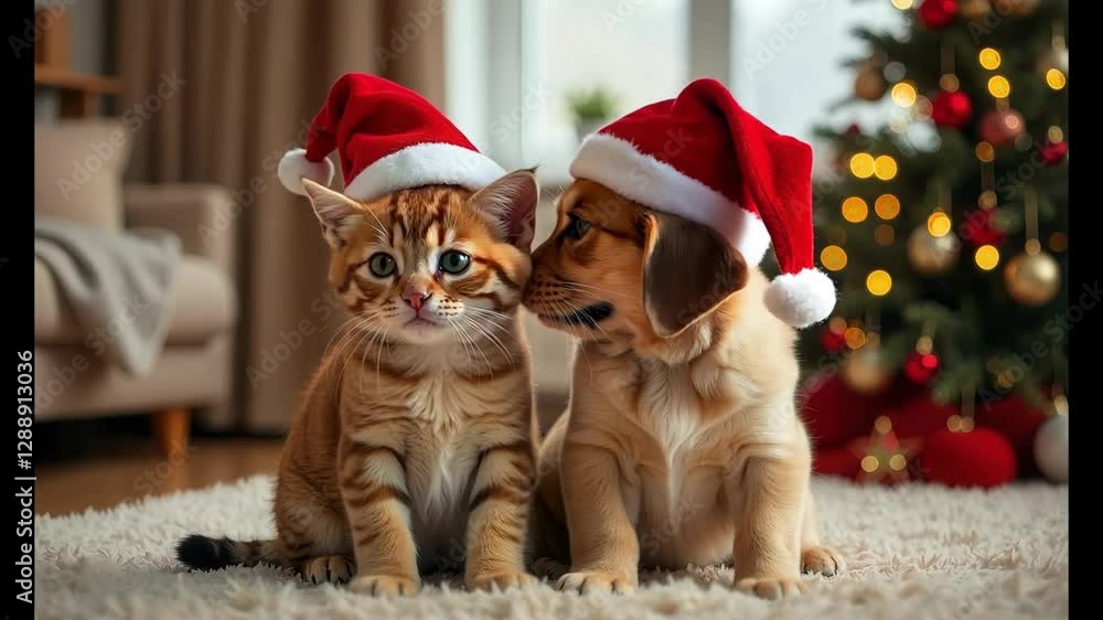 Festive kittens in santa hats playfully bonding under the christmas tree lights Festive kittens in santa hats playfully bonding under the christmas tree lights