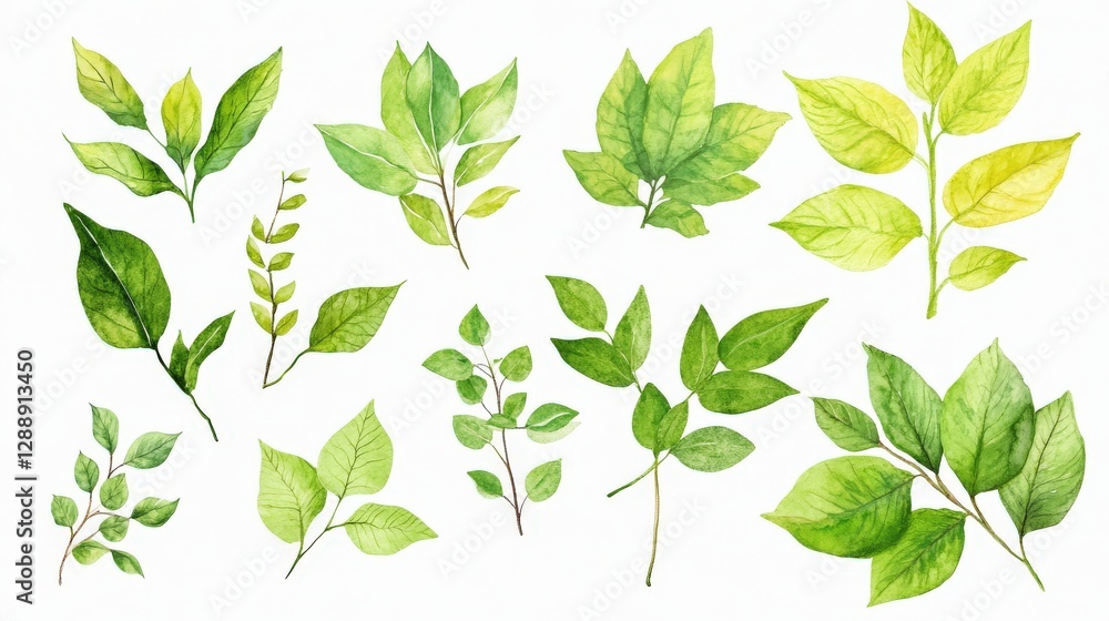 Watercolor Green Leaves Collection Botanical Illustration of Various Greenery Branches and Foliage Watercolor Green Leaves Collection Botanical Illustration of Various Greenery Branches and Foliage
