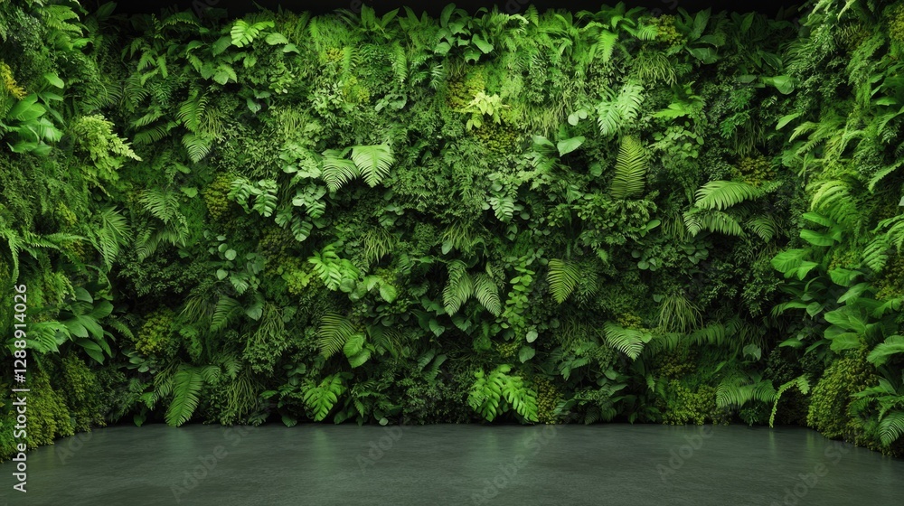 Lush green wall creates serene atmosphere, showcasing diverse pl Lush green wall creates serene atmosphere, showcasing diverse pl