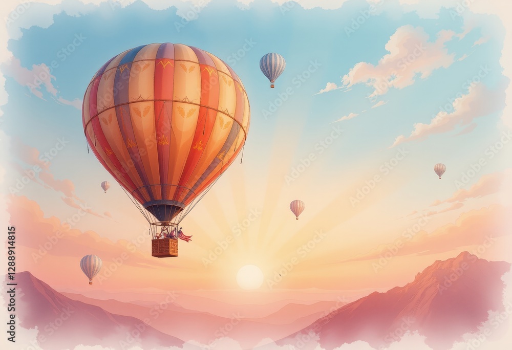 Obraz premium Multiple Hot Air Balloons Floating at Sunrise with Scenic Mountain View