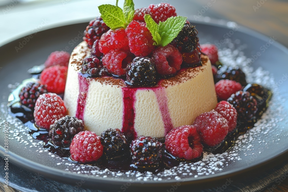 Delightful silky panna cotta with vanilla bean and berries gourmet dessert restaurant setting elegant presentation Delightful silky panna cotta with vanilla bean and berries gourmet dessert restaurant setting elegant presentation