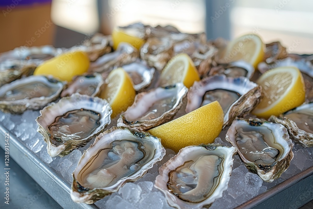 Freshly shucked oysters on ice with lemon wedges coastal seafood restaurant food photography bright & inviting gourmet delicacies Freshly shucked oysters on ice with lemon wedges coastal seafood restaurant food photography bright & inviting gourmet delicacies