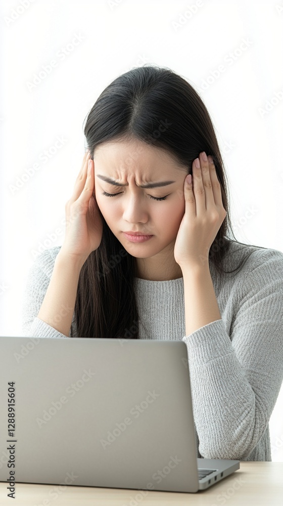 Woman experiencing stress and discomfort while working on a laptop, expressing frustration with eyes closed and hands placed on her temples, indicating a headache or fatigue. Woman experiencing stress and discomfort while working on a laptop, expressing frustration with eyes closed and hands placed on her temples, indicating a headache or fatigue.