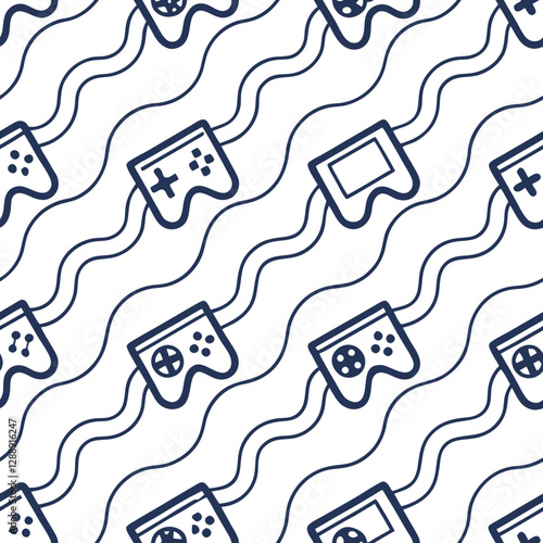 Generate seamless tile patterns using VR scene icons holographic wave lines and bold white emptiness forming an immersive digital environment concept as Scene icons depict VR content interlaced with h