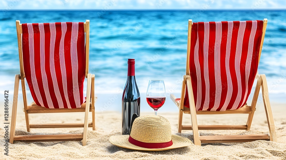 Two Red Striped Chairs Set on Sandy Beach with Wine Bottle and Glass Overlooking the Ocean Two Red Striped Chairs Set on Sandy Beach with Wine Bottle and Glass Overlooking the Ocean