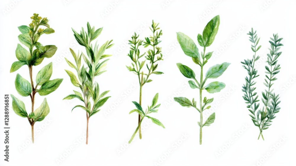 Fototapeta premium Watercolor Painting of Five Culinary Herbs Oregano Thyme Rosemary Basil Marjoram