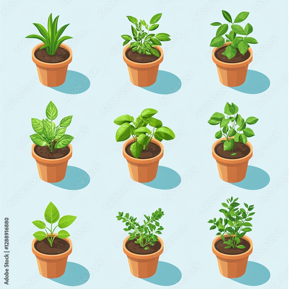 Fototapeta premium Collection of Isometric Vector Illustrations of Young Green Plants in Eco-friendly Biodegradable Pots