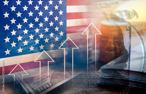 US tariff rate rising , trade policy , business graph and dollars banknote , tax calculation change 
