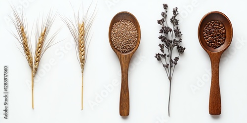 Grains and Seeds Still Life with Wooden Spoons on White Background
