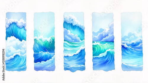 Watercolor sea waves set, vertical banners. Design elements for websites, blogs, social media, posters, invitations, cards, flyers, covers, brochures.