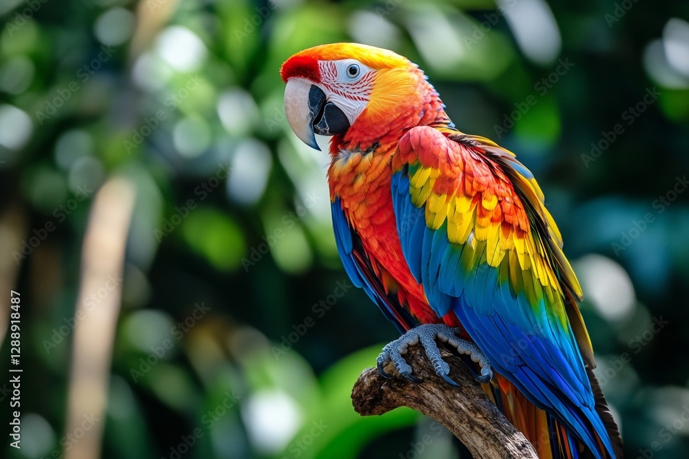 Fototapeta premium Colorful scarlet macaw perched on branch in vibrant green jungle background