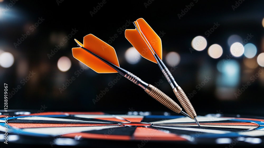 Close-up of darts hitting the bullseye on a dartboard in a vibrant bar setting. Close-up of darts hitting the bullseye on a dartboard in a vibrant bar setting.