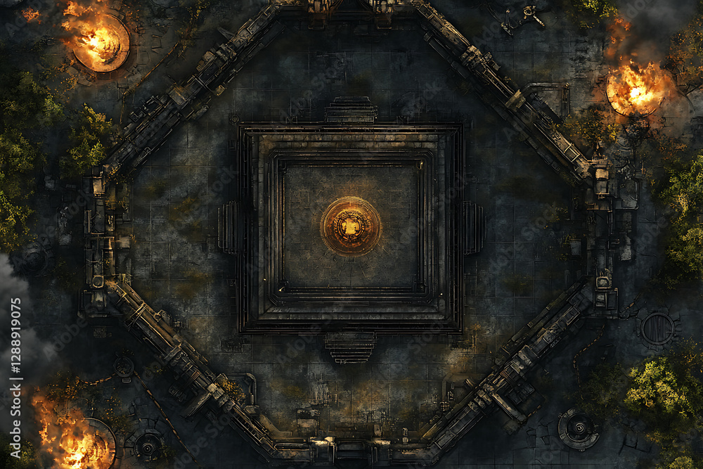 Top Down Battle Map Featuring a Square Arena with Glowing Fire and Stone Structures