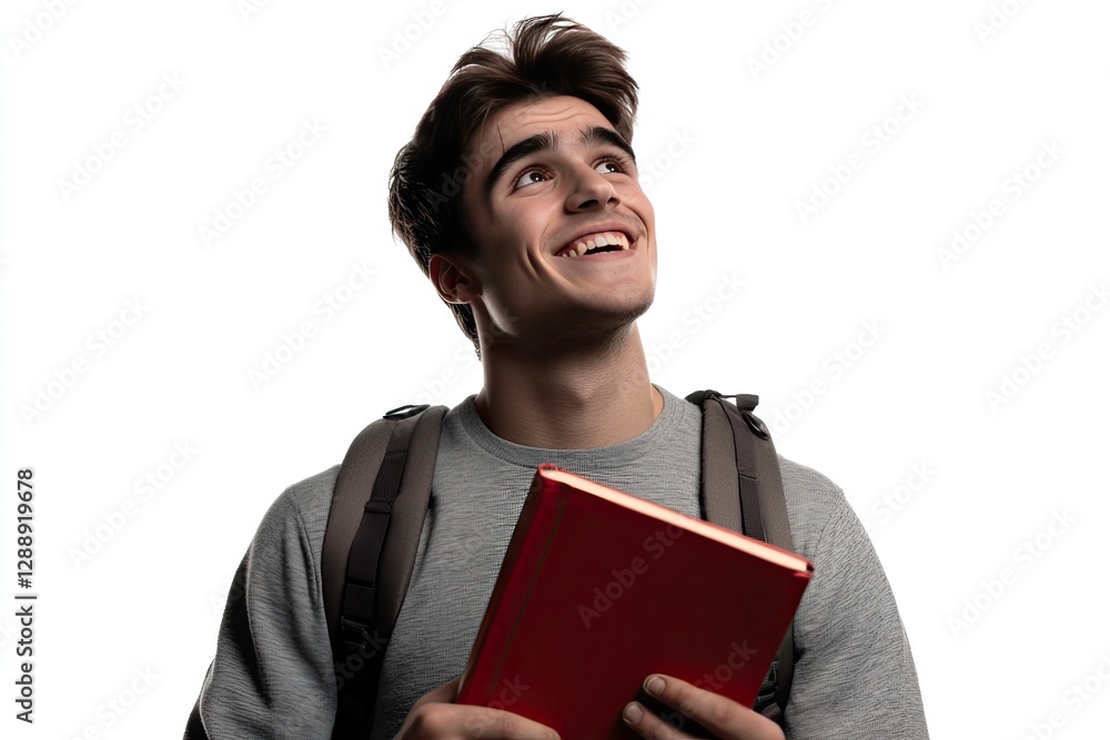 Student with book looking upward Student with book looking upward