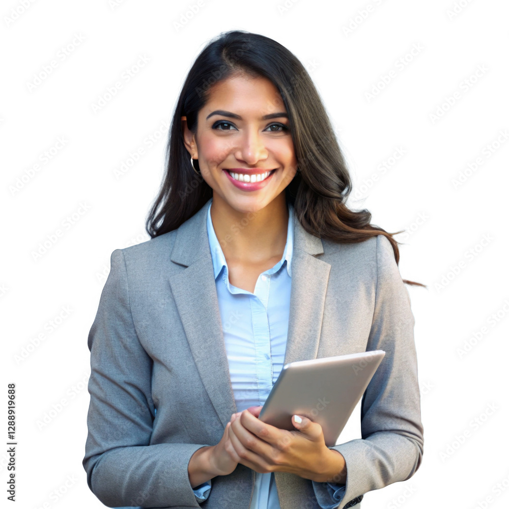 Portrait of Young Latina Entrepreneur Holding a Tablet and Smiling isolated on a transparent background. Portrait of Young Latina Entrepreneur Holding a Tablet and Smiling isolated on a transparent background.