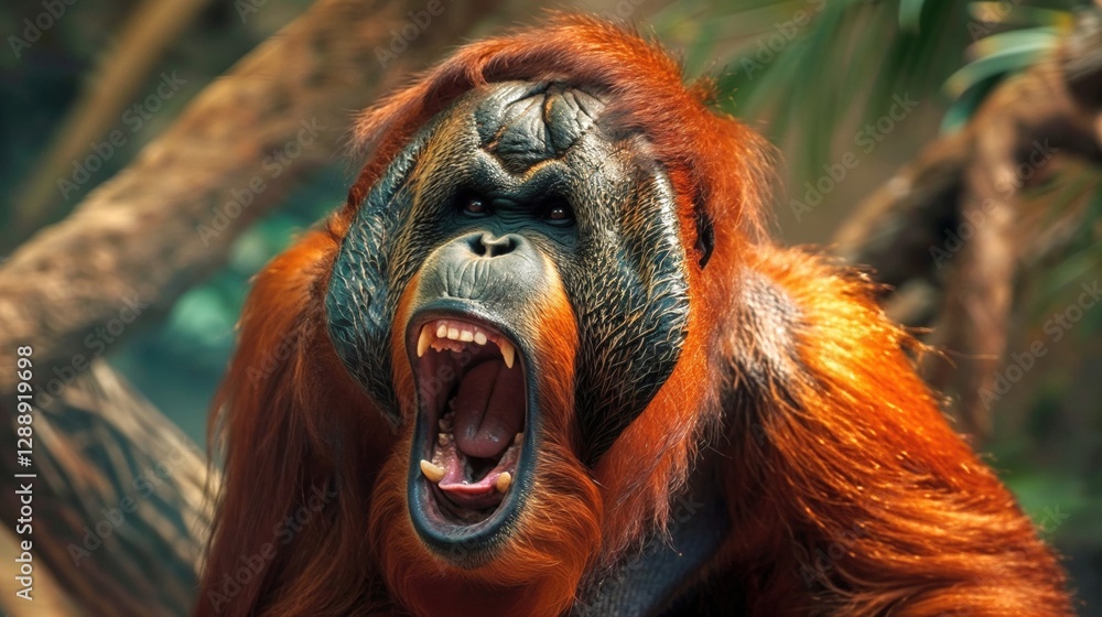 Fototapeta premium close-up of an orangutan roaring in the wild, showing its fierce expression and vibrant orange fur. The intense look captures the power and emotion of this majestic animal in its natural habitat
