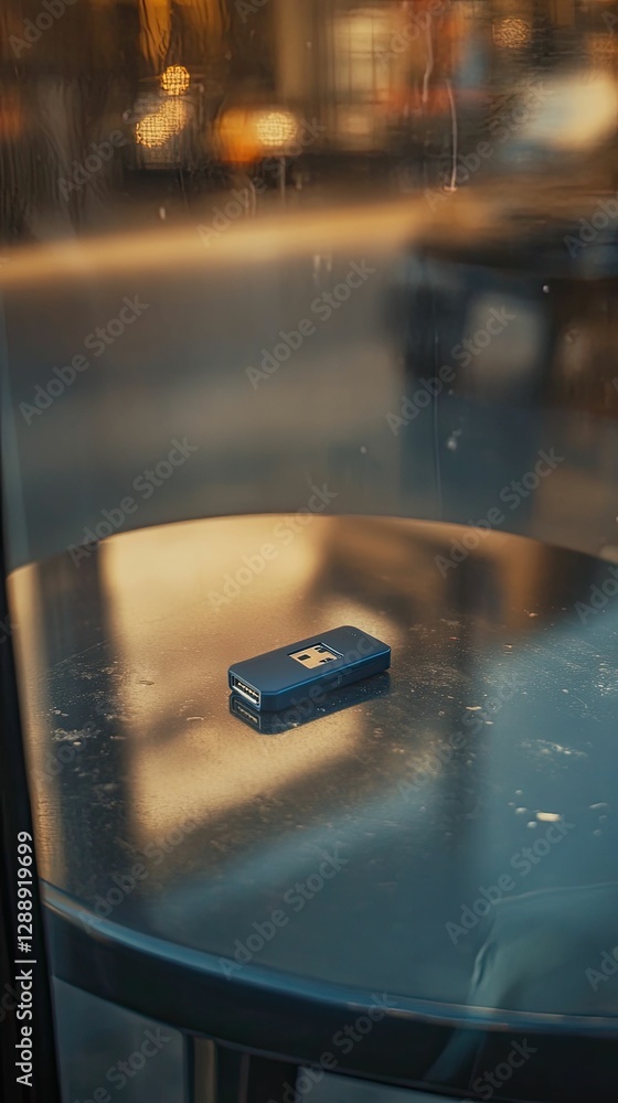 Obraz premium Small dark device rests on shiny table, blurred background.